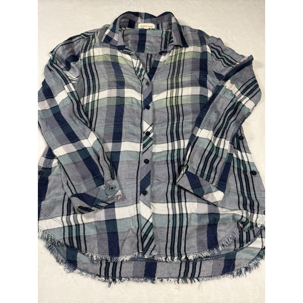 Cloth & Stone Plaid Button Up Shirt Womens M Blue Green Frayed Hem Rayon